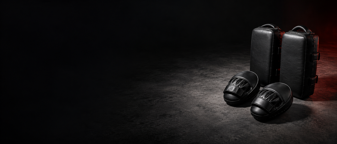 Pao et pattes d'ours de boxe thaï en cuir noir, posés sur un sol en béton sombre