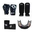 Kit d'équipement Muay Thai enfants : gants BT Starter, protège-tibias AMSG 1, coudières et protège-dents Booster Fight Gear