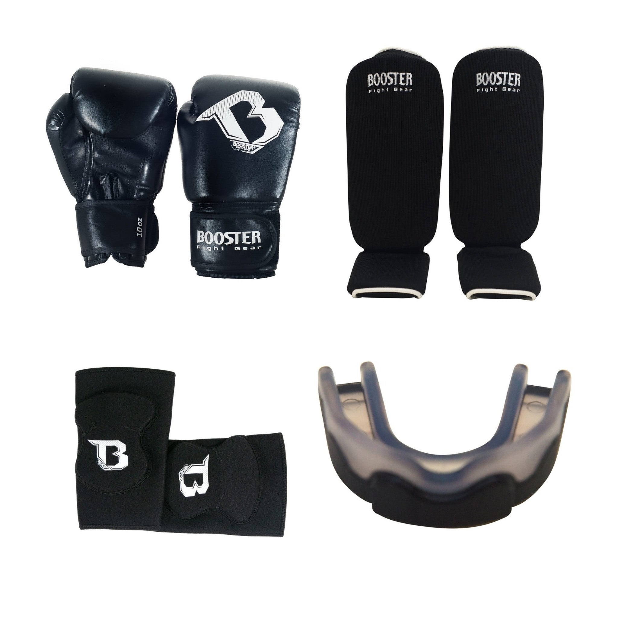 Kit d'équipement Muay Thai enfants : gants BT Starter, protège-tibias AMSG 1, coudières et protège-dents Booster Fight Gear