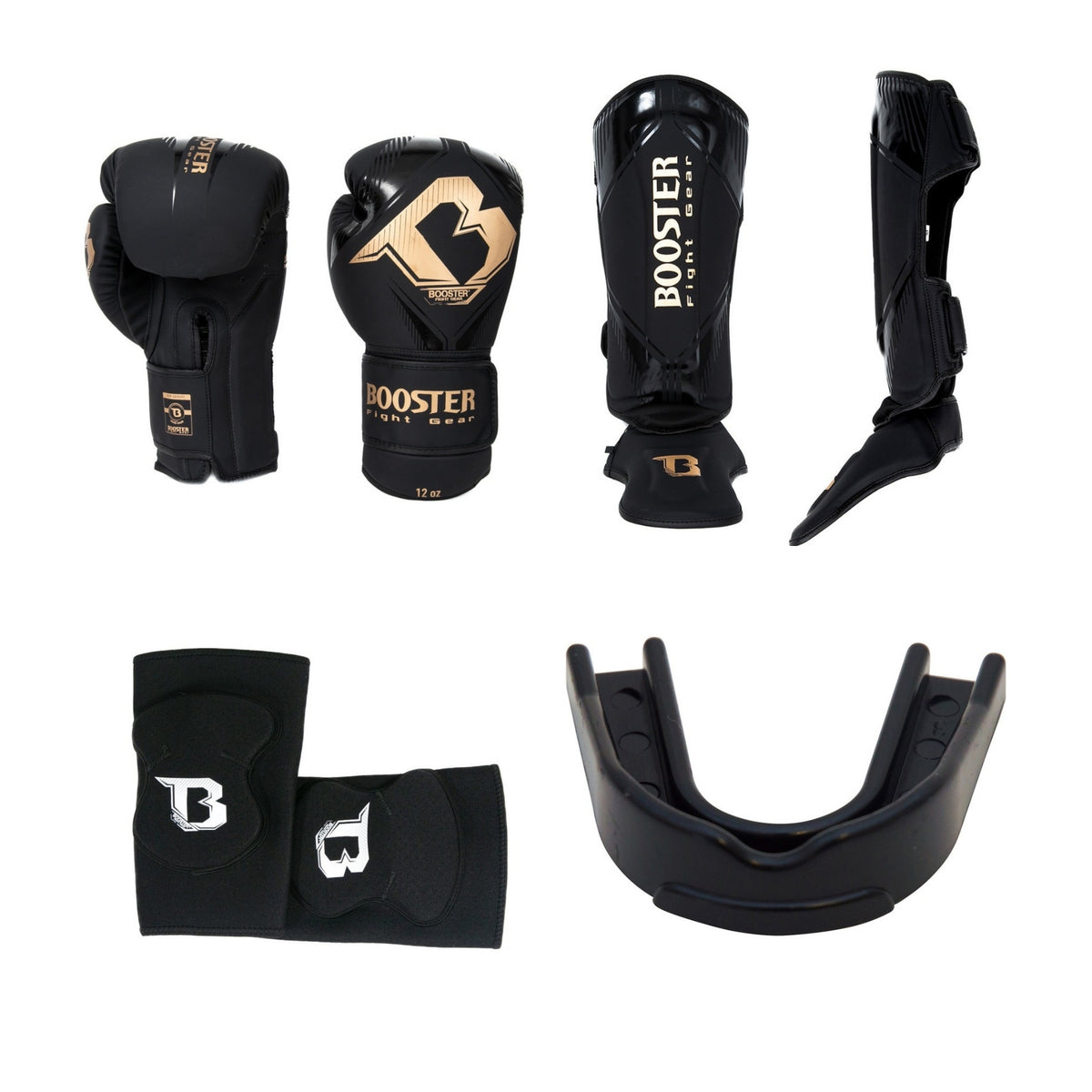 Kit d'équipement boxe thaï entraînement : gants et protège-tibias Booster Bangkok Series 1, coudières et protège-dents Booster Fight Gear