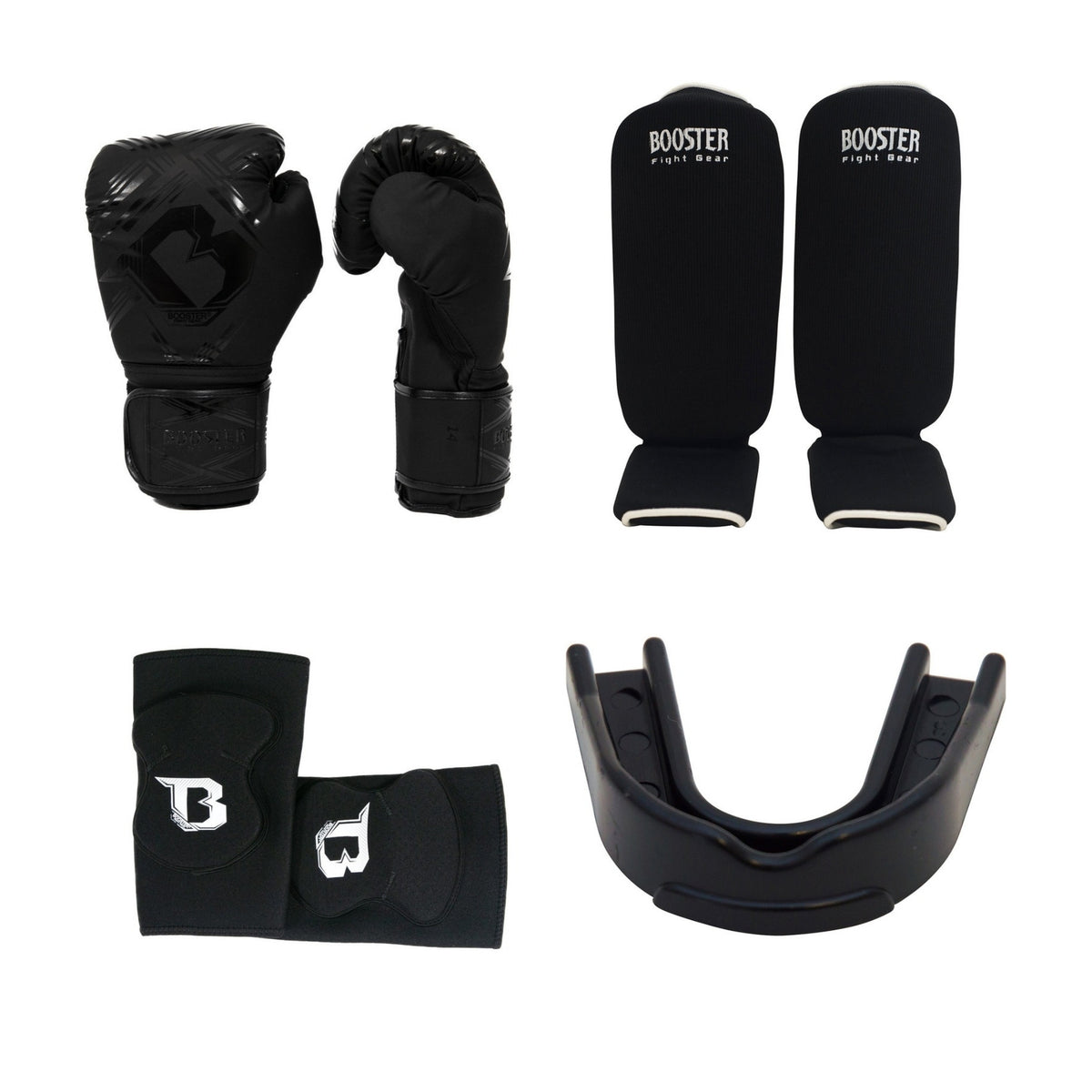 Kit d'équipement boxe thaï débutant : gants Booster ALPHA, protège-tibias AMSG 1, coudières et protège-dents Booster Fight Gear