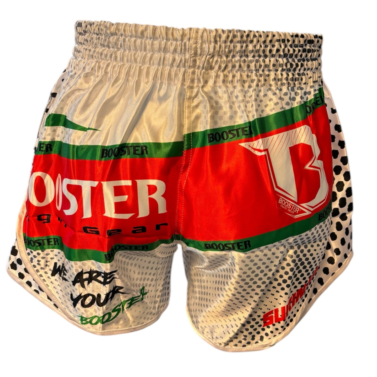 Short de boxe thaï Booster AD Suriname blanc, vue de dos